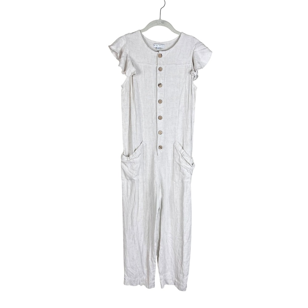 Miou Muse Linen Ruffle Sleeve Button Front Jumpsuit Oatmeal MMJU368 Womens Small